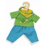 Puppenbekleidung blaue Hose mit grünem Oberteil mit Schildkrötenapplikation und Dreieckstuch