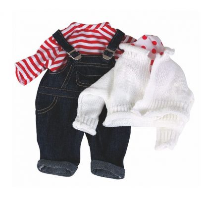 Latzhose, rot-weiß gestreiftes Shirt, weiße Strickjacke für Babypuppe