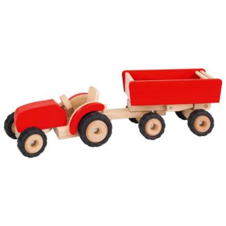 Roter Holztraktor mit Anhänger