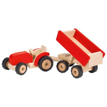 Roter Holztraktor mit Anhänger