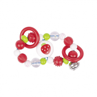 Greifling aus Kunststoff mit Ringen und Glöckchen Erdbeer-Motiv
