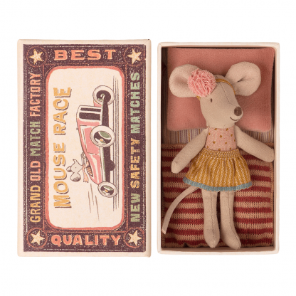 Maileg Little sister mouse pink hair band in matchbox